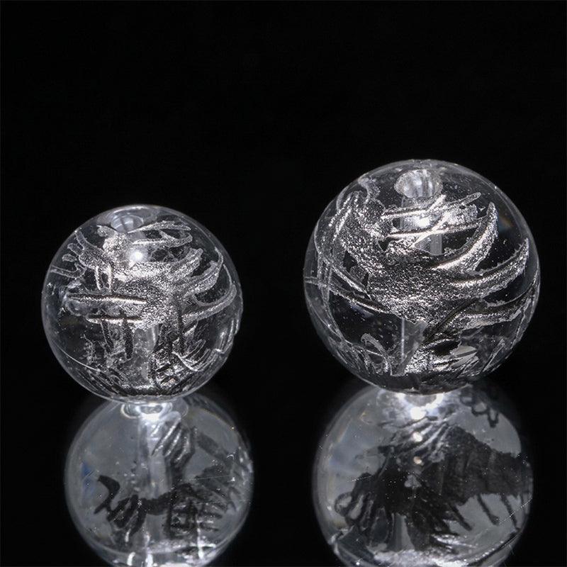 彫刻ビーズ　龍　銀彫り　水晶　約10～12mm　丸　10個セット [co-g3202]