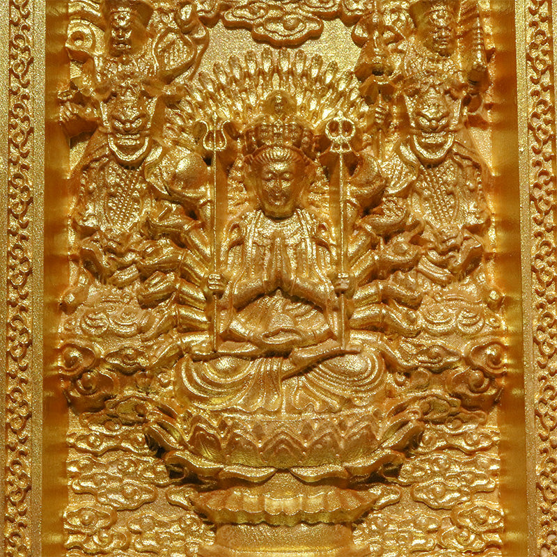 柘植の木彫り　八尊仏　平型　ゴールド　約幅7×奥2.5×高10cm（開扉時約幅14cm）彫り物 [co-g3453]