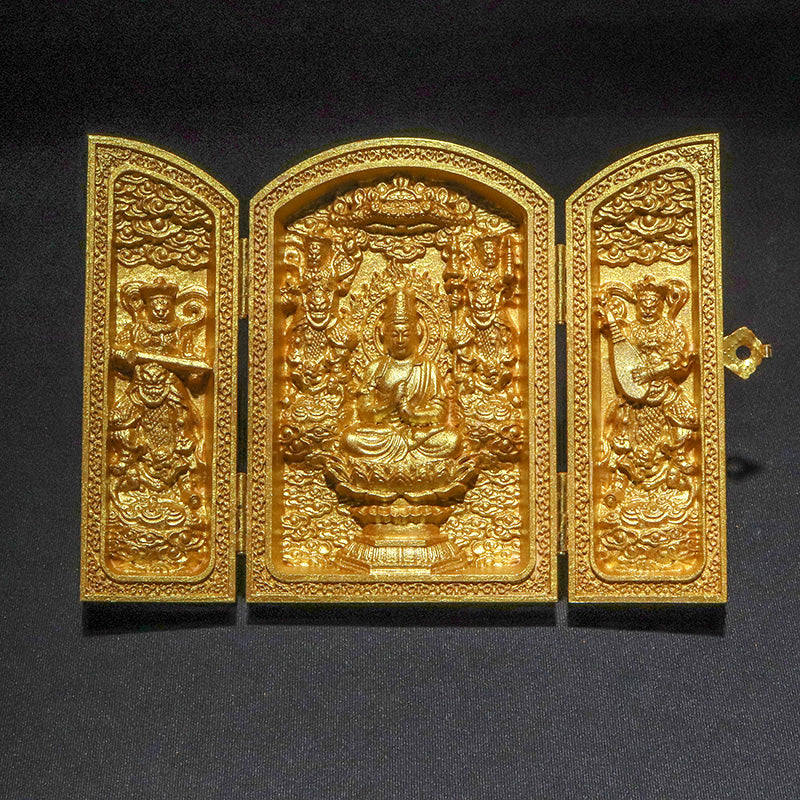 柘植の木彫り　八尊仏　平型　ゴールド　約幅7×奥2.5×高10cm（開扉時約幅14cm）彫り物 [co-g3453]