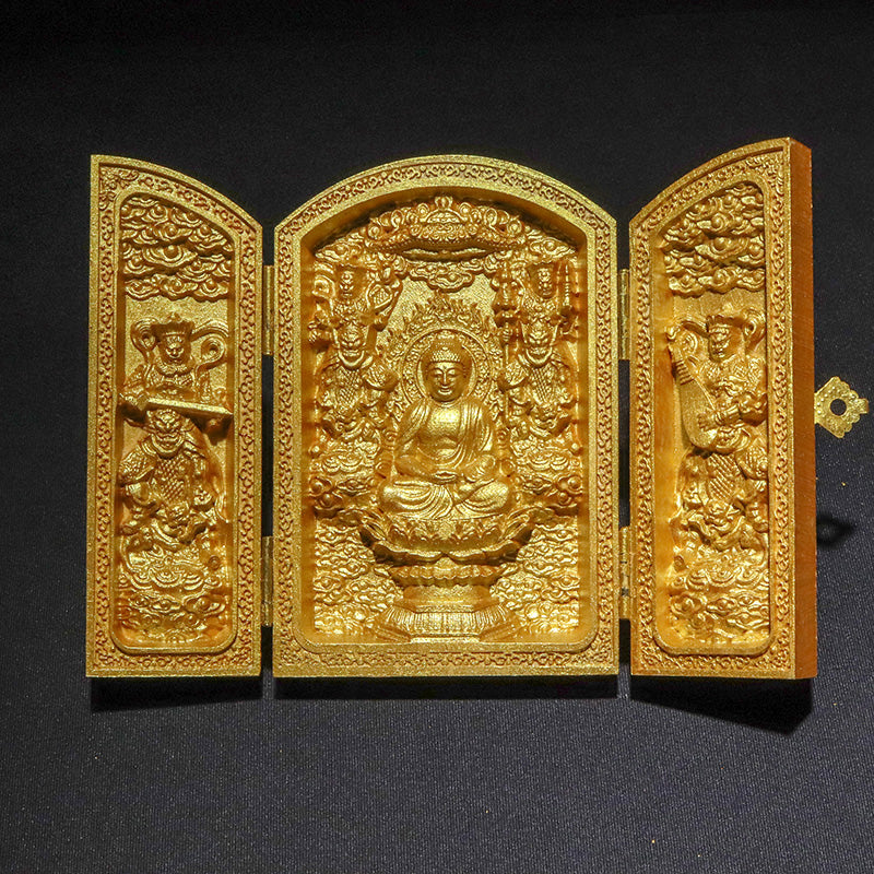 柘植の木彫り　八尊仏　平型　ゴールド　約幅7×奥2.5×高10cm（開扉時約幅14cm）彫り物 [co-g3453]