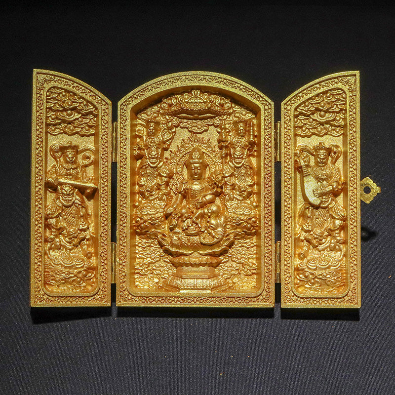 柘植の木彫り　八尊仏　平型　ゴールド　約幅7×奥2.5×高10cm（開扉時約幅14cm）彫り物 [co-g3453]