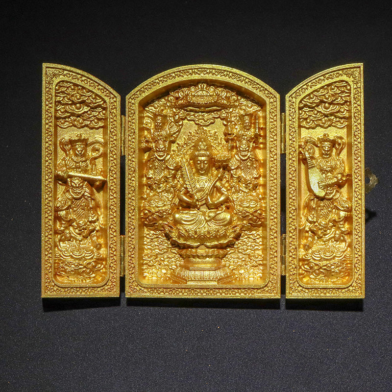 柘植の木彫り　八尊仏　平型　ゴールド　約幅7×奥2.5×高10cm（開扉時約幅14cm）彫り物 [co-g3453]
