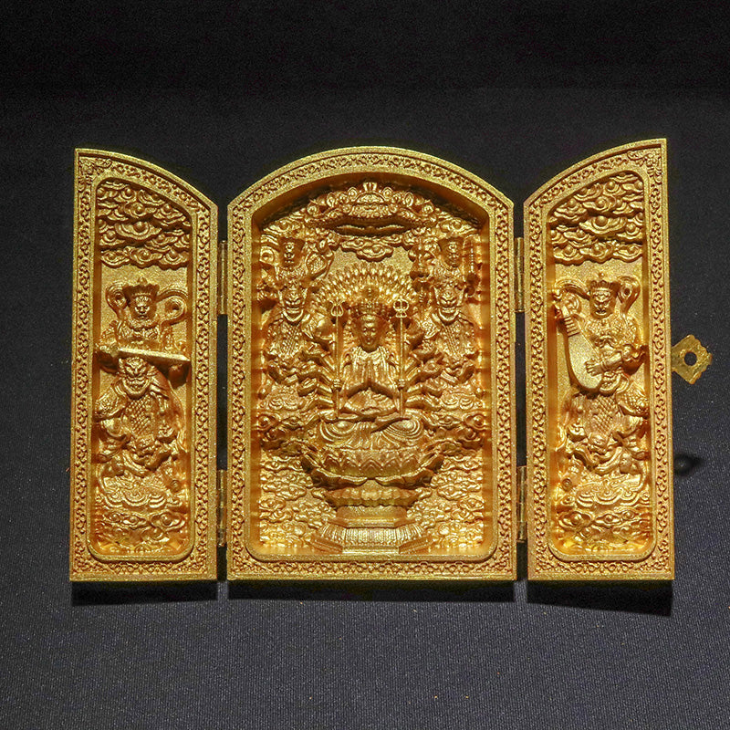 柘植の木彫り　八尊仏　平型　ゴールド　約幅7×奥2.5×高10cm（開扉時約幅14cm）彫り物 [co-g3453]