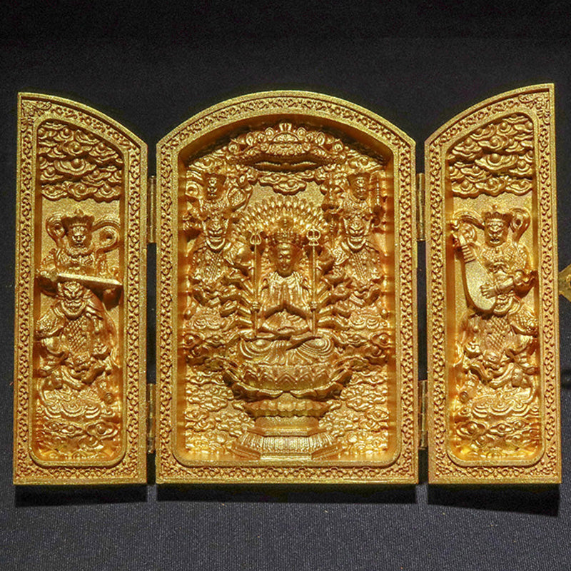 柘植の木彫り　八尊仏　平型　ゴールド　約幅7×奥2.5×高10cm（開扉時約幅14cm）彫り物 [co-g3453]