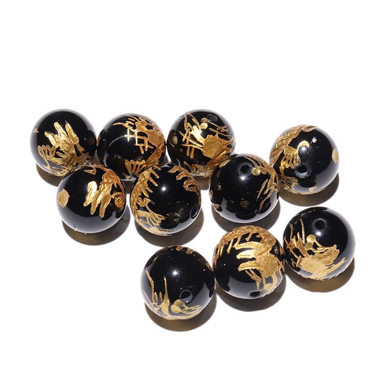 彫刻ビーズ　龍　金彫り　約8～12mm　丸　穴あり　10個セット [co-g3201]