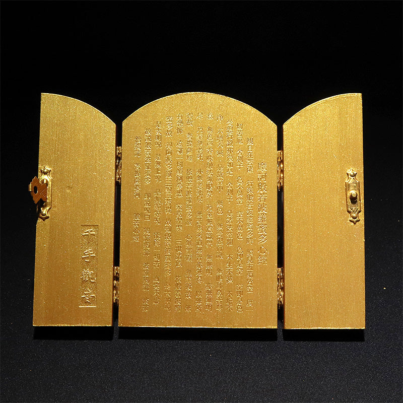 柘植の木彫り　八尊仏　平型　ゴールド　約幅7×奥2.5×高10cm（開扉時約幅14cm）彫り物 [co-g3453]