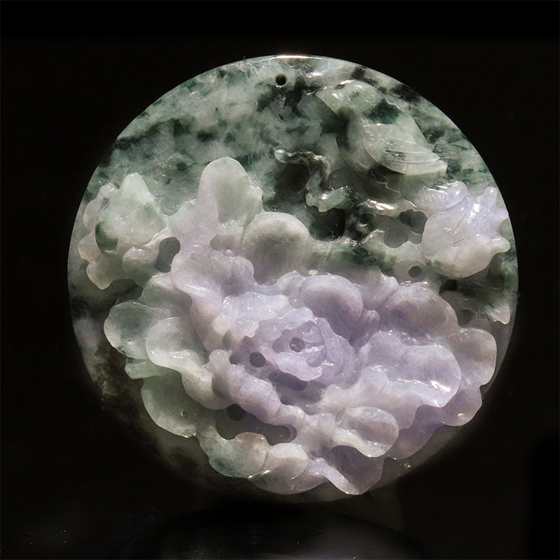 本翡翠＜ミャンマー産＞　蓮花×鳥　ラベンダー　約50mm　穴あり　ペンダントトップ [co-g2847]