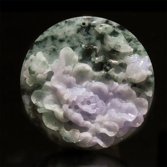 本翡翠＜ミャンマー産＞　蓮花×鳥　ラベンダー　約50mm　穴あり　ペンダントトップ [co-g2847]