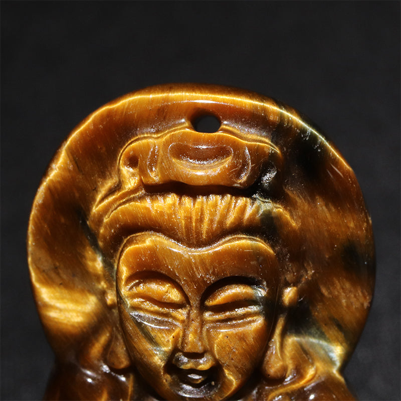 タイガーアイ＜中国産＞　観音菩薩　約23～25×37～40mm　彫刻プレート　穴あり [co-g2825]