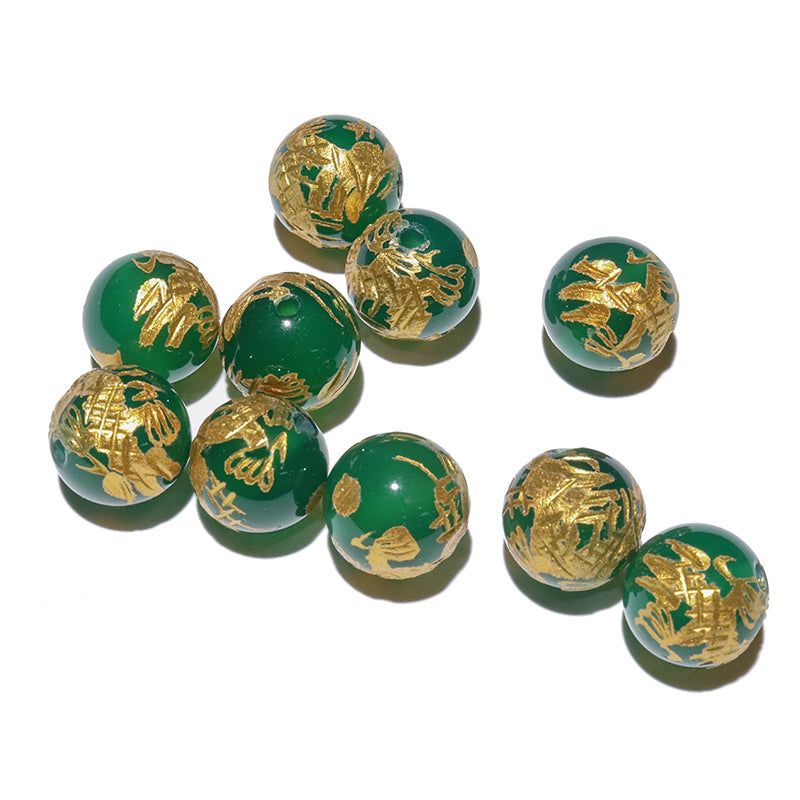 彫刻ビーズ　龍　金彫り　約8～12mm　丸　穴あり　10個セット [co-g3201]