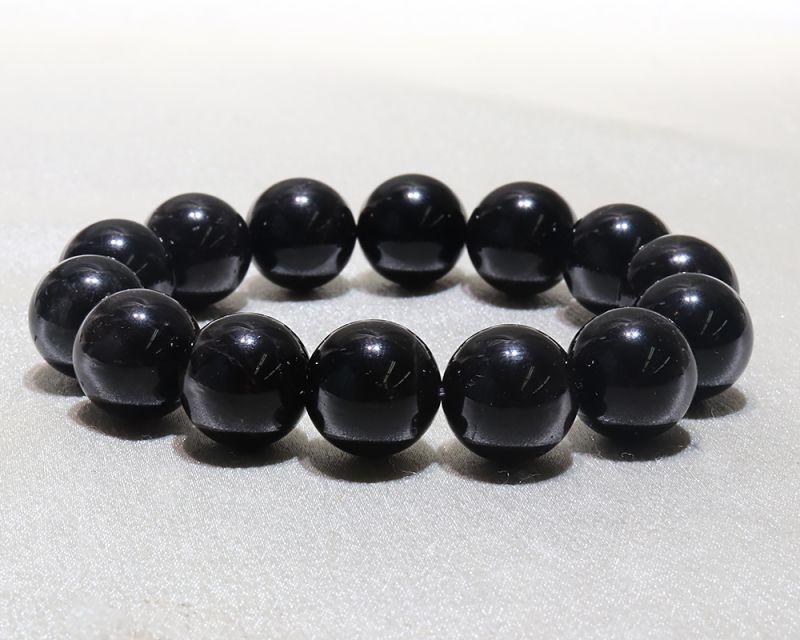 【現品限り】【日本銘石】　ブレス 　山梨黒平黒水晶　＜山梨県黒平産＞　14粒　原石付き　桐箱入り　丸  [br-g8164]