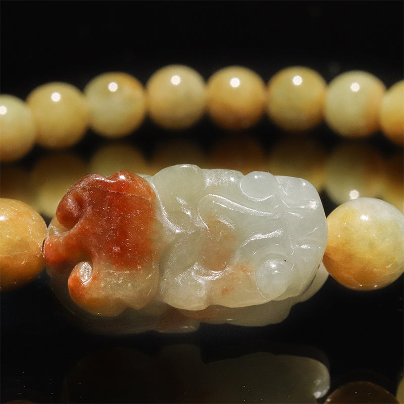 翡翠＜ミャンマー産＞　イエローグリーン　貔貅(ヒキュウ)　入り　ブレス　丸 [co-g2859]