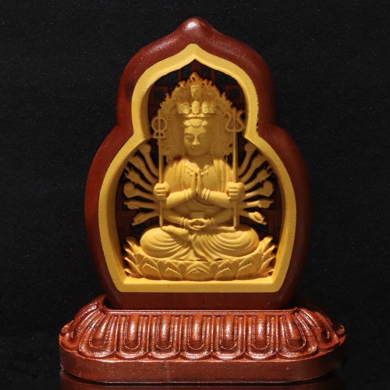 彫り物　八尊仏(千手観音)　柘植製　約7×4×8cm [co-g2988]