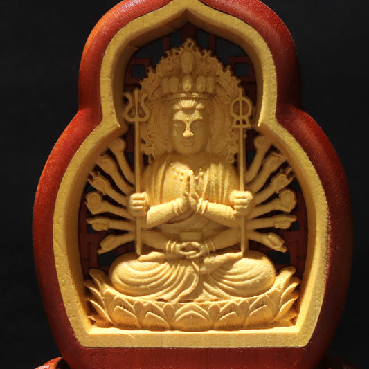 彫り物　八尊仏(千手観音)　柘植製　約7×4×8cm [co-g2988]