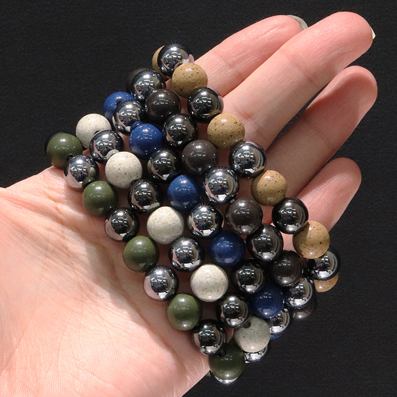 【ことほぎ】健康美ブレスレット　テラヘルツ×北投石(白、黄灰、黒、青、緑)×磁石　丸　全20種　日本製   [co-g2121]