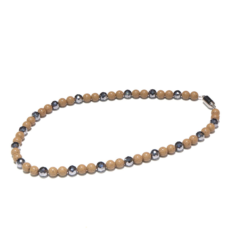 【ことほぎ】ネックレス　北投石黄灰色×テラヘルツミラー　丸8mm　約45cm [co-g2122]