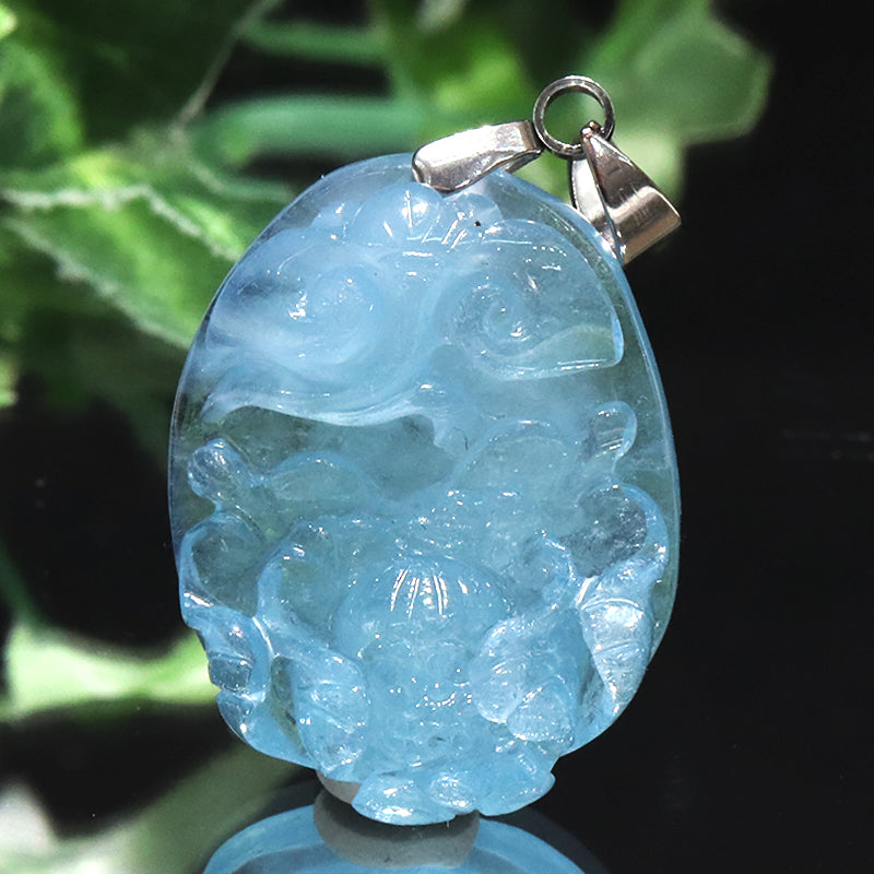 ペンダントトップ　アクアマリン＜ブラジル産＞　蓮　約22.9×28.2mm　ステンレス製　シルバー  [co-g2208]