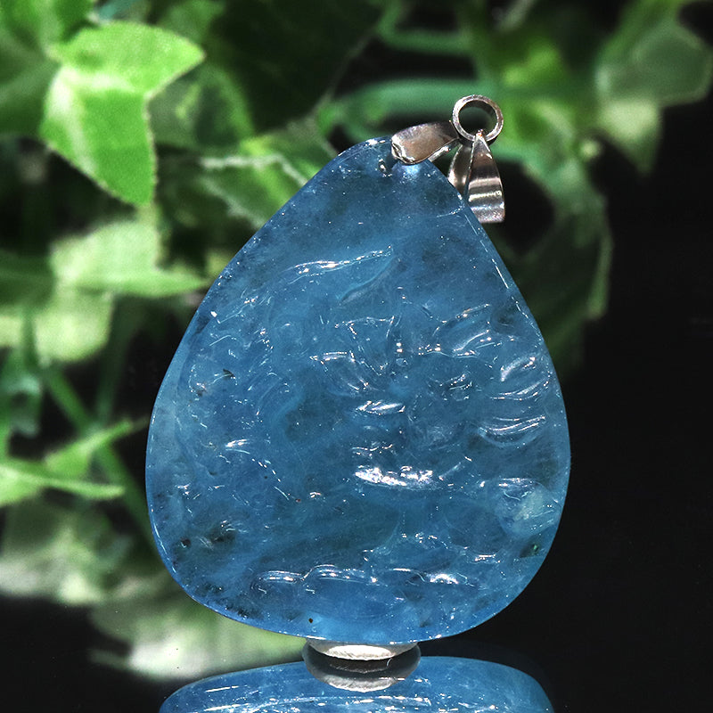 ペンダントトップ　アクアマリン＜ブラジル産＞　蓮×魚　約27.8×33.5mm　ステンレス製　シルバー  [co-g2207]