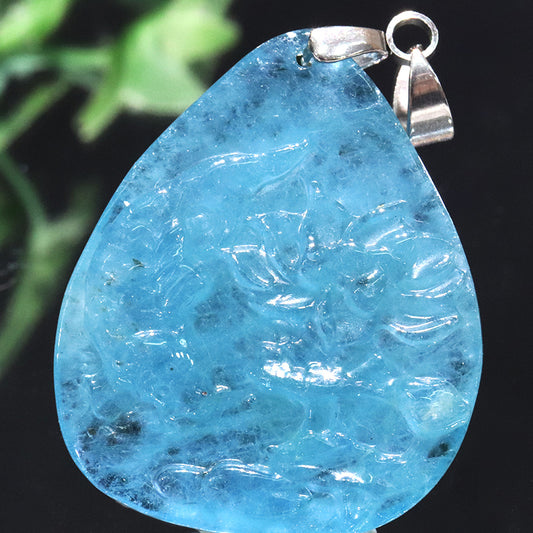 ペンダントトップ　アクアマリン＜ブラジル産＞　蓮×魚　約27.8×33.5mm　ステンレス製　シルバー  [co-g2207]