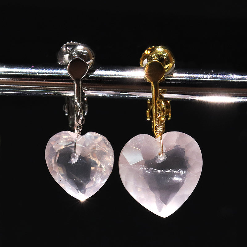 イヤリング　ローズクォーツ　ハートカット型　ネジバネ式　ステンレス製  [co-g2232]