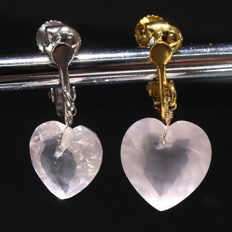 イヤリング　ローズクォーツ　ハートカット型　ネジバネ式　ステンレス製  [co-g2232]