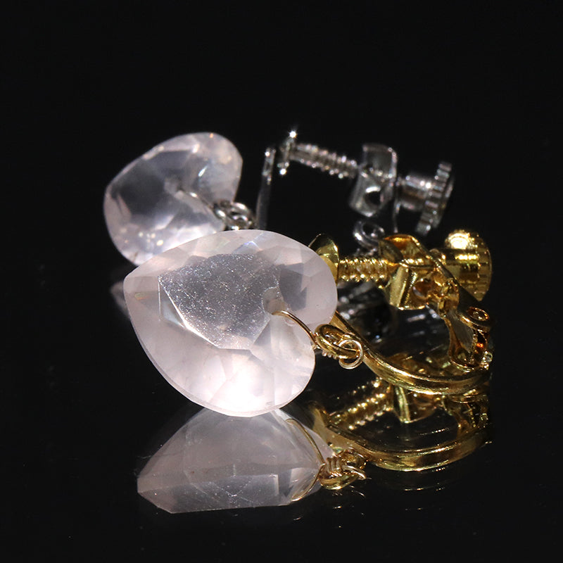 イヤリング　ローズクォーツ　ハートカット型　ネジバネ式　ステンレス製  [co-g2232]