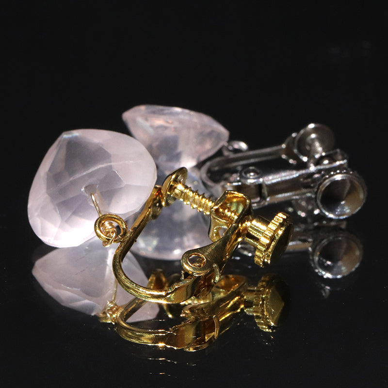 イヤリング　ローズクォーツ　ハートカット型　ネジバネ式　ステンレス製  [co-g2232]