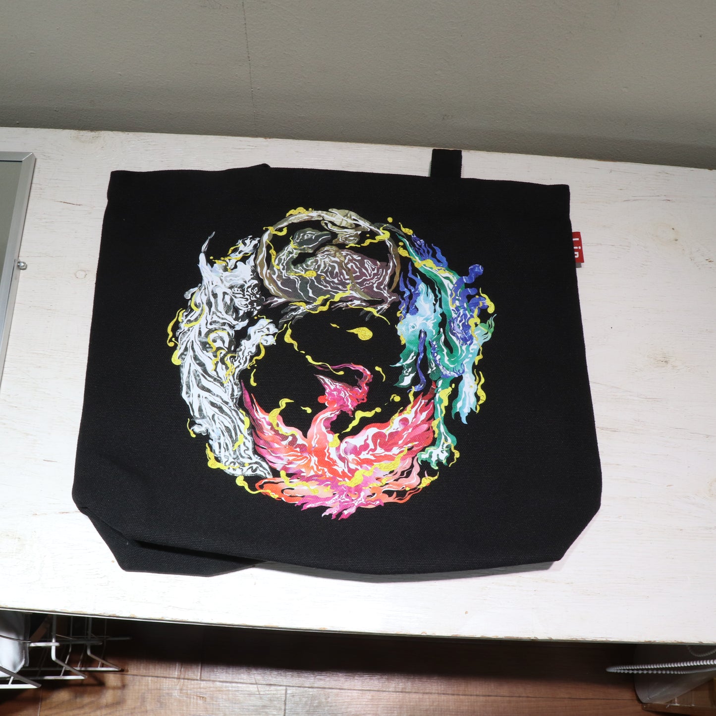 かばん　四神トートバッグ　黒　約31×38×10cm　持ち手(高さ)約28cm  [co-g2222]