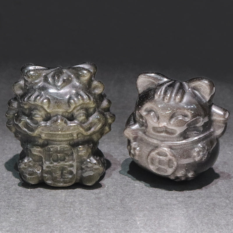 【一点物】彫り物　ゴールデンオブシディアン　風水彫り物　招き猫　龍亀　龍　全3種類  [co-g2286]