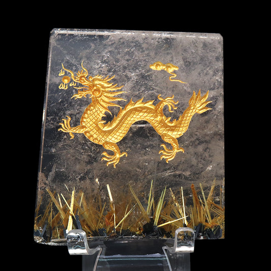 【動画】【一点物】　彫り物プレート　太陽タイチン　龍　ブラジル産　約8.6cm×約10.4cm×約1.6cm　台付き  [co-g1409]