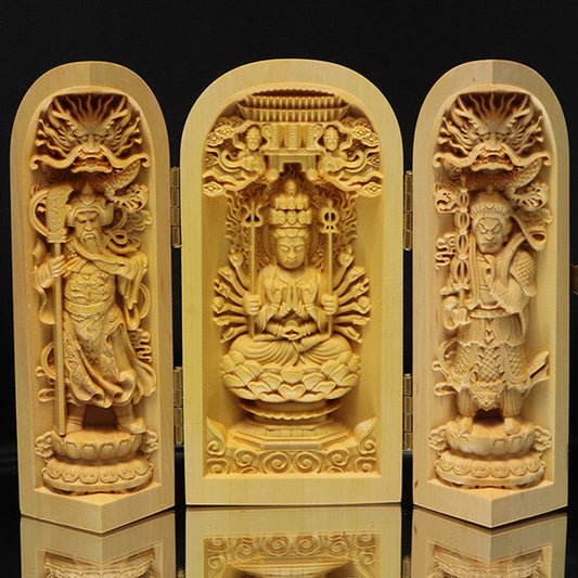 柘植の木彫り　仏像　筒型　約幅5×奥5×高10cm（開扉時約幅12.5cm）全4種　彫り物 [co-g3451]