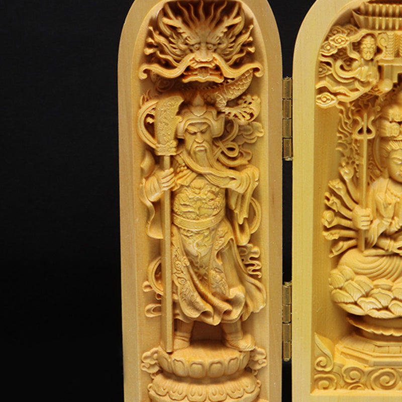柘植の木彫り　仏像　筒型　約幅5×奥5×高10cm（開扉時約幅12.5cm）全4種　彫り物 [co-g3451]