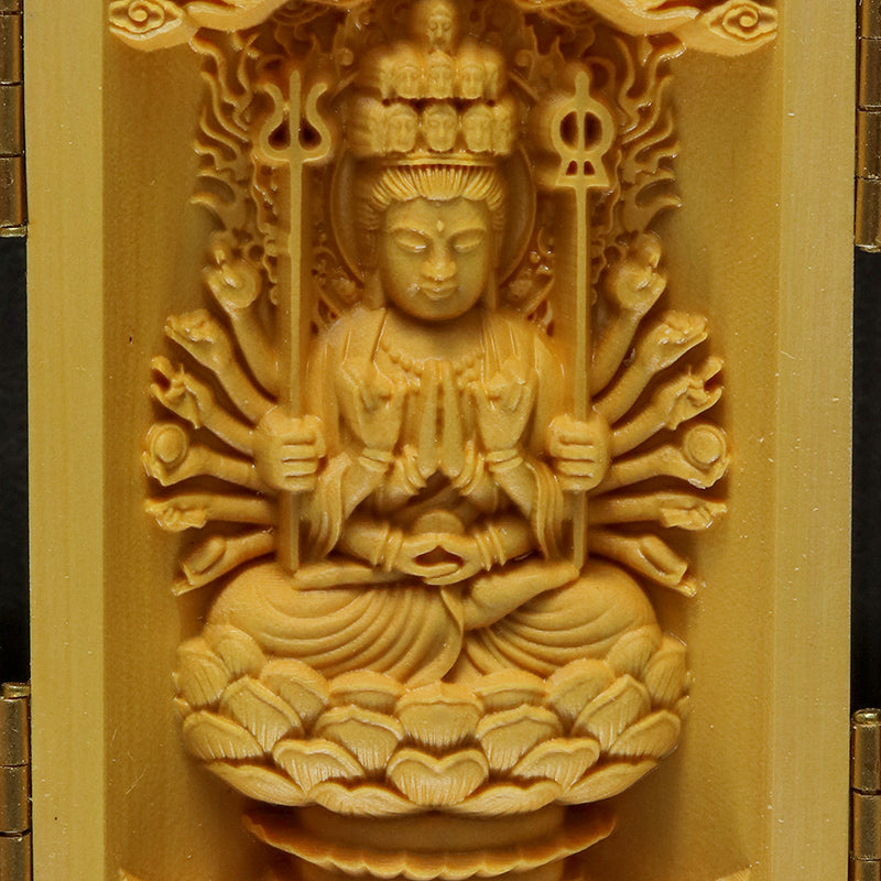 柘植の木彫り　仏像　筒型　約幅5×奥5×高10cm（開扉時約幅12.5cm）全4種　彫り物 [co-g3451]