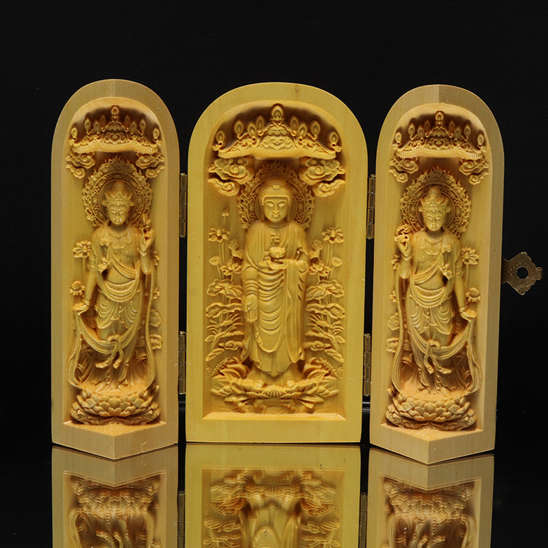 柘植の木彫り　仏像　筒型　約幅5×奥5×高10cm（開扉時約幅12.5cm）全4種　彫り物 [co-g3451]