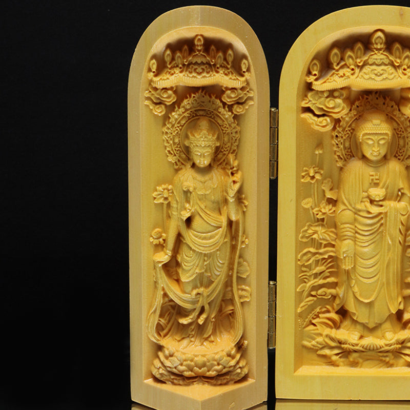 柘植の木彫り　仏像　筒型　約幅5×奥5×高10cm（開扉時約幅12.5cm）全4種　彫り物 [co-g3451]