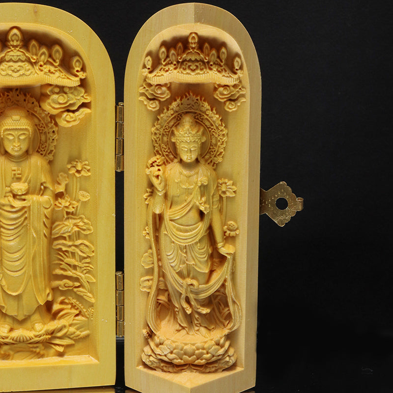 柘植の木彫り　仏像　筒型　約幅5×奥5×高10cm（開扉時約幅12.5cm）全4種　彫り物 [co-g3451]
