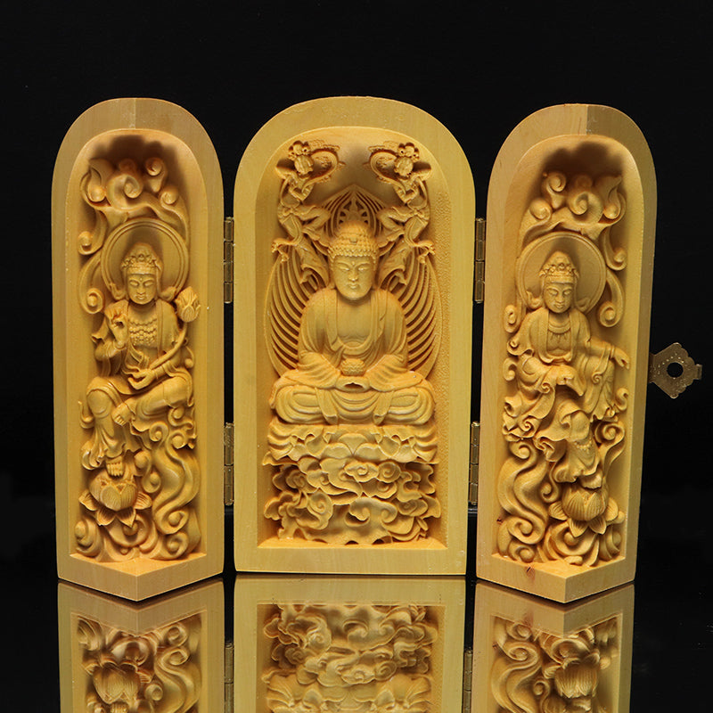 柘植の木彫り　仏像　筒型　約幅5×奥5×高10cm（開扉時約幅12.5cm）全4種　彫り物 [co-g3451]