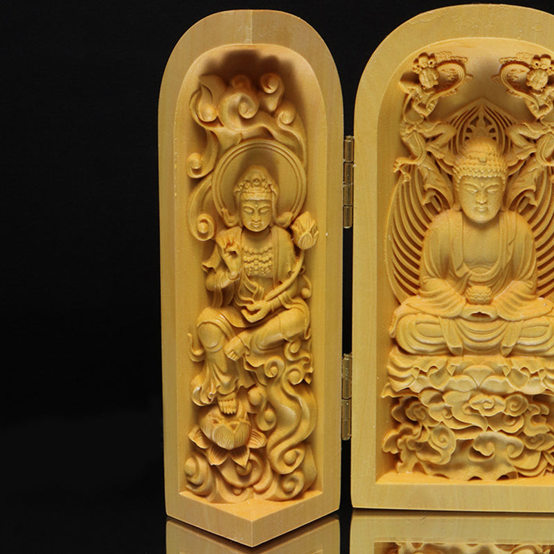 柘植の木彫り　仏像　筒型　約幅5×奥5×高10cm（開扉時約幅12.5cm）全4種　彫り物 [co-g3451]