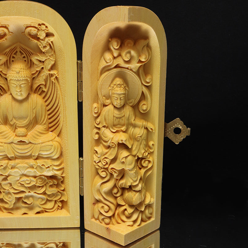 柘植の木彫り　仏像　筒型　約幅5×奥5×高10cm（開扉時約幅12.5cm）全4種　彫り物 [co-g3451]