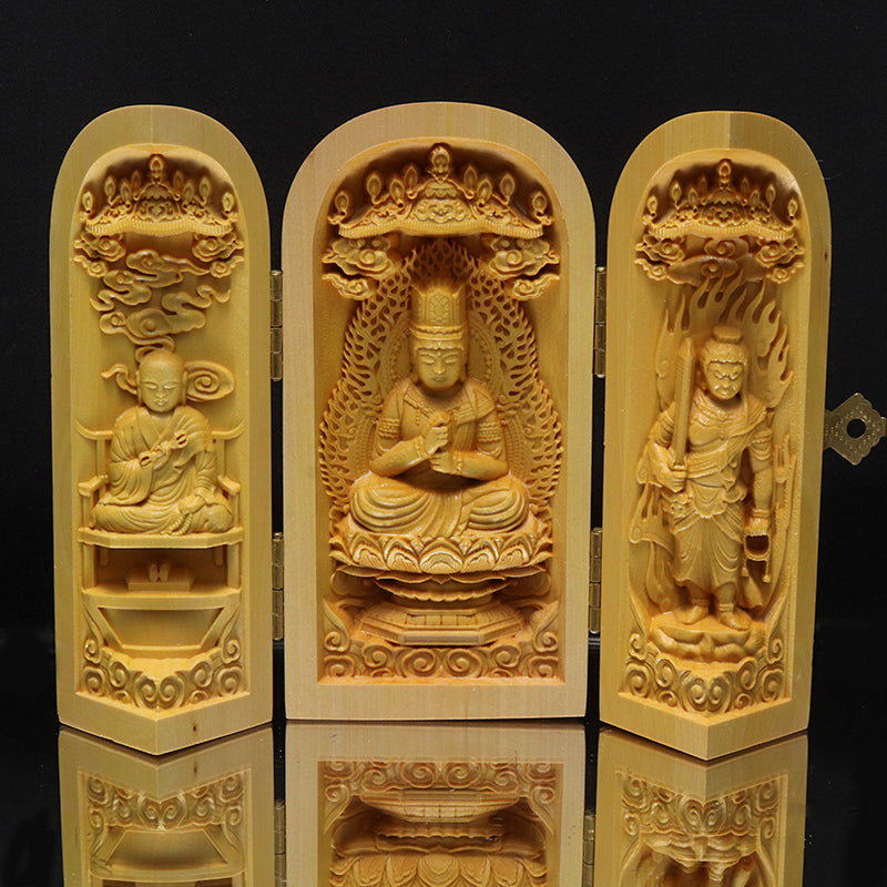 柘植の木彫り　仏像　筒型　約幅5×奥5×高10cm（開扉時約幅12.5cm）全4種　彫り物 [co-g3451]