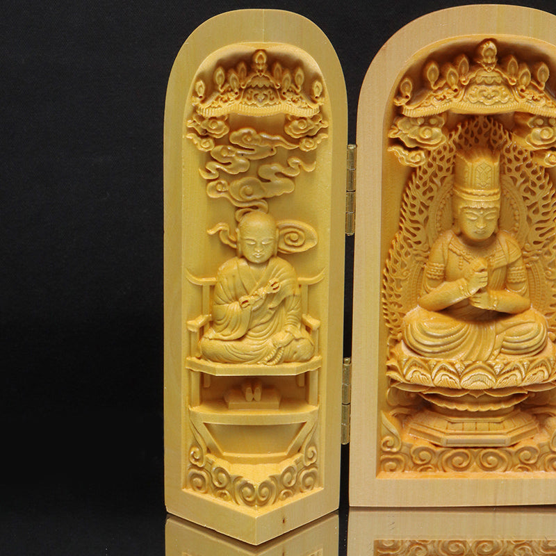 柘植の木彫り　仏像　筒型　約幅5×奥5×高10cm（開扉時約幅12.5cm）全4種　彫り物 [co-g3451]