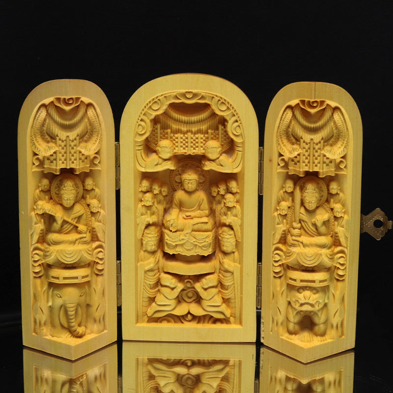 柘植の木彫り　仏像　筒型　約幅5×奥5×高10cm（開扉時約幅12.5cm）全5種　彫り物 [co-g3451]
