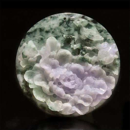 本翡翠＜ミャンマー産＞　蓮花×鳥　ラベンダー　約50mm　穴あり　ペンダントトップ [co-g2847]