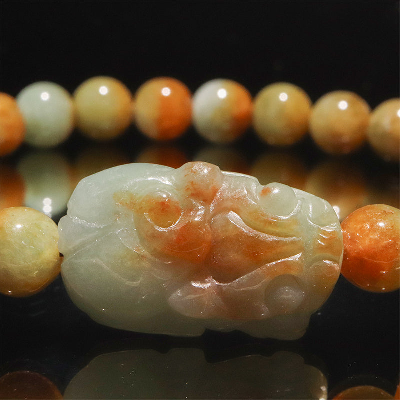 翡翠＜ミャンマー産＞　オレンジグリーン　貔貅(ヒキュウ)　入り　ブレス　丸 [co-g2858]