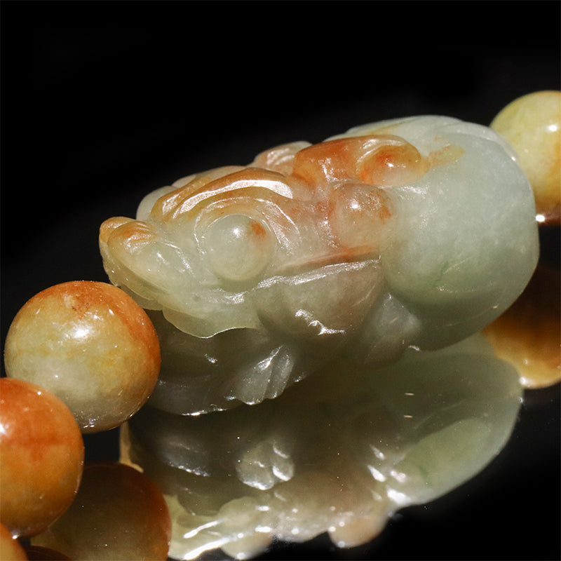 翡翠＜ミャンマー産＞　オレンジグリーン　貔貅(ヒキュウ)　入り　ブレス　丸 [co-g2858]