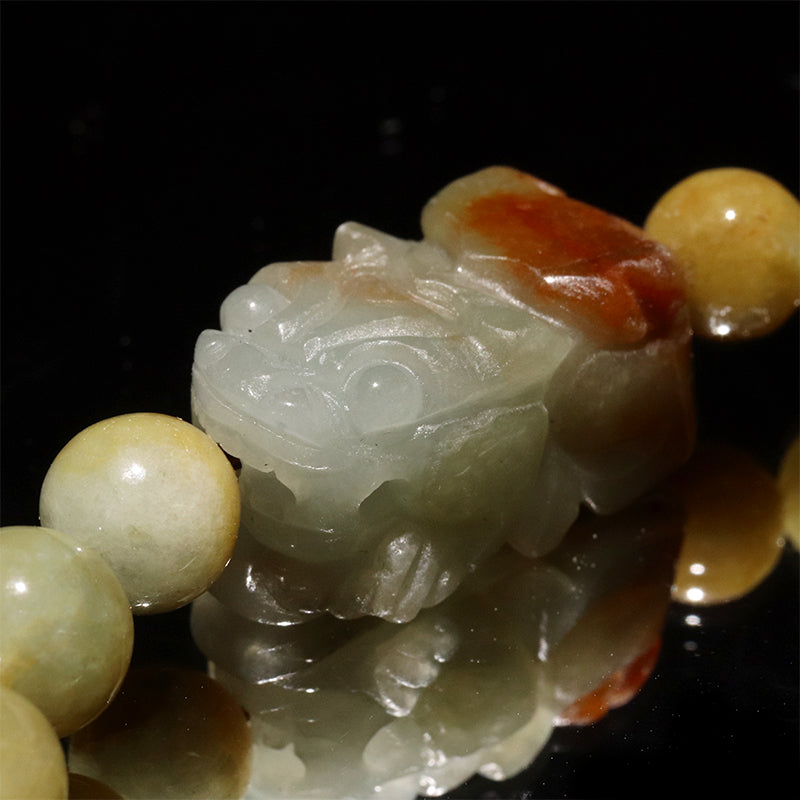 翡翠＜ミャンマー産＞　イエローグリーン　貔貅(ヒキュウ)　入り　ブレス　丸 [co-g2859]