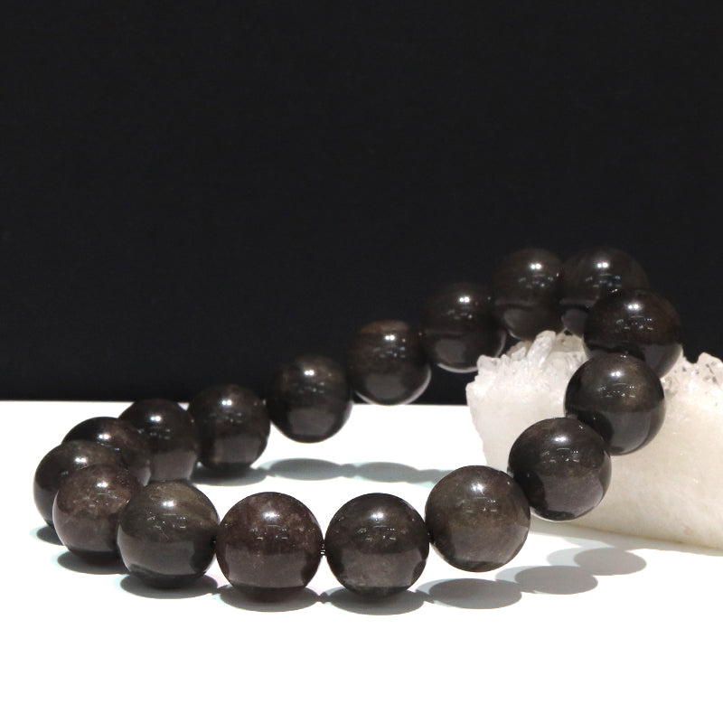 【現品限り】【日本銘石】ブレス　山梨黒平黒水晶＜山梨県産＞　草入り　Aランク　手磨き　丸約12mm　原石付き　証明書付き　桐箱付き  [co-g1593]