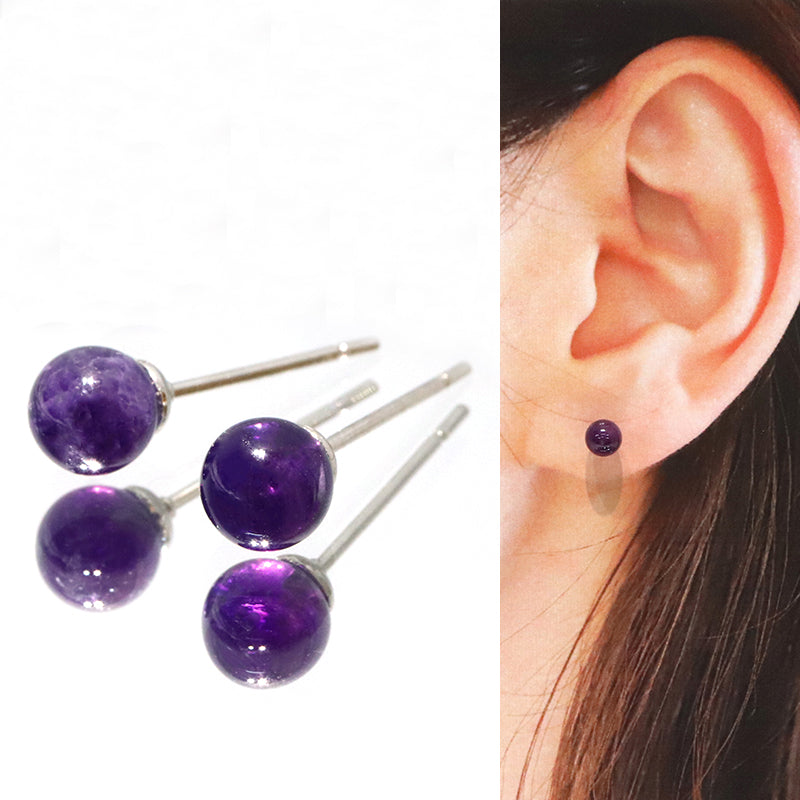 【対象商品10点以上ご購入で30％OFF/決済時に自動割引】ピアス　アメジスト＜ブラジル産＞　突き刺し型　丸約5mm　ステンレス製　シルバー  [co-g1643]