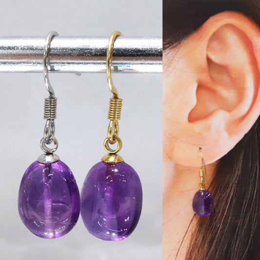 【対象商品10点以上ご購入で30％OFF/決済時に自動割引】アメジスト＜ウルグアイ産＞　タンブル型　約7～10mm×9～12mm　フック型ピアス　ステンレス製  [co-g2313]