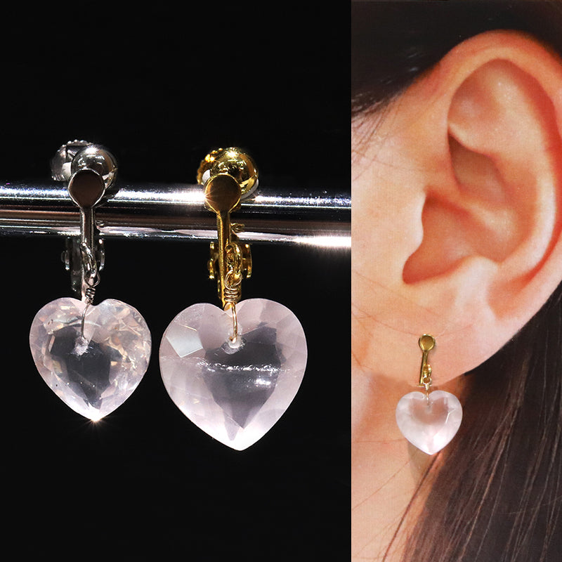 イヤリング　ローズクォーツ　ハートカット型　ネジバネ式　ステンレス製  [co-g2232]
